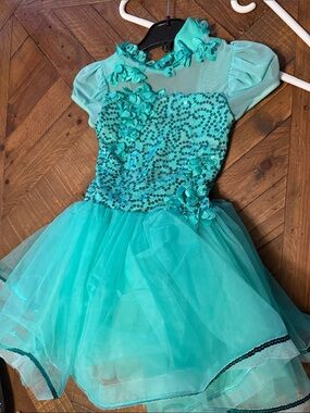 Weissman Teal Sequin Floral Tulle Dance Dress